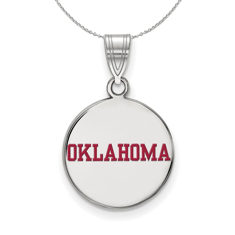 Sterling Silver U. Of Oklahoma Medium Enamel Disc Necklace - 20 In